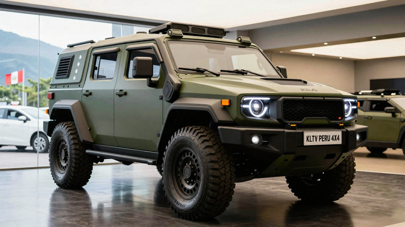 Carro utilitário militar verde com suspensão elevada e faróis de LED, exibido em showroom moderno.
