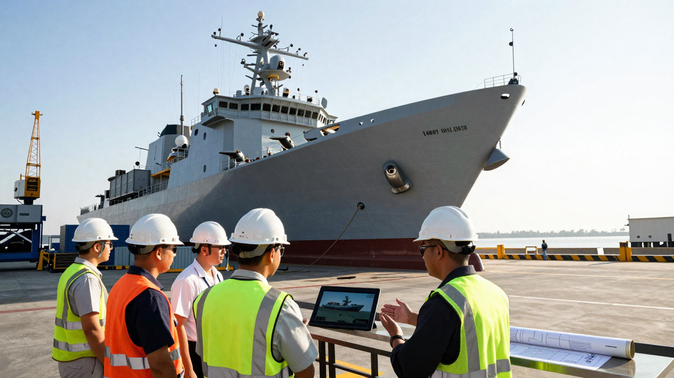 Cinco trabalhadores com coletes e capacetes analisam plano e foto de navio militar cinza no cais.