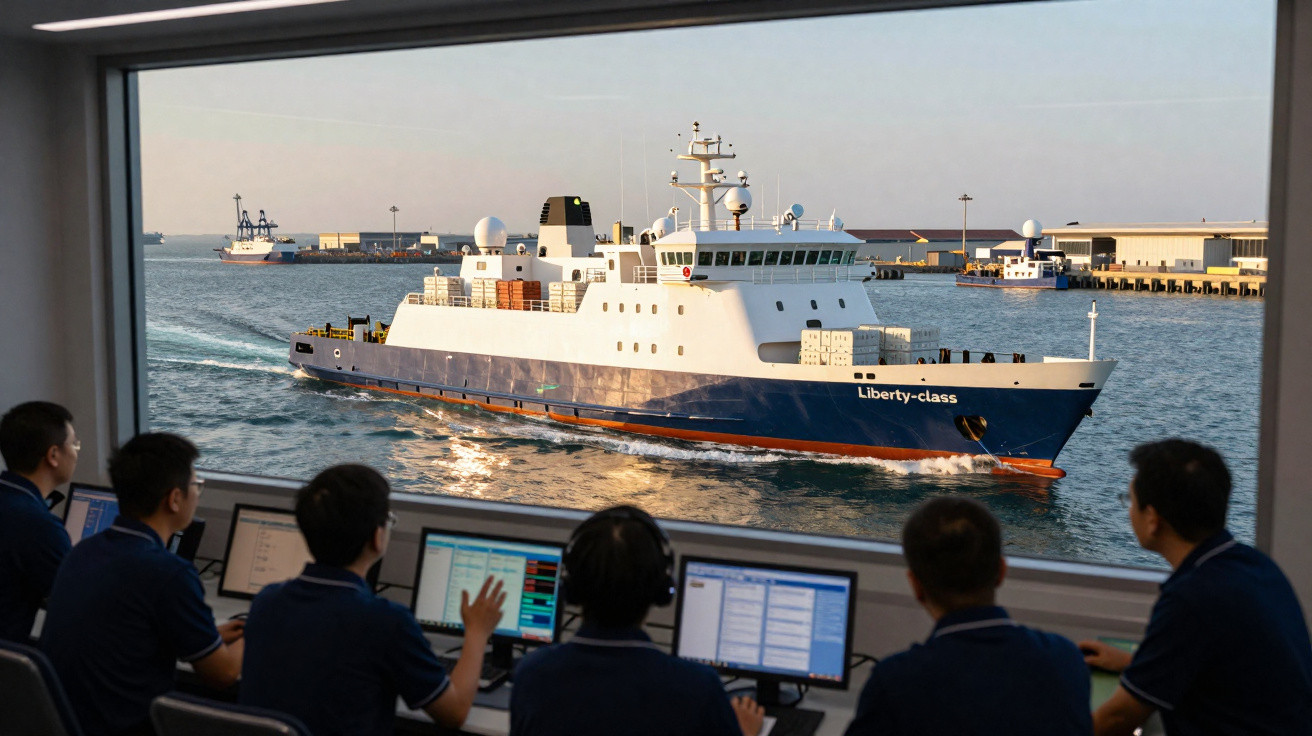 Pessoas observando navio Liberty-class navegando em porto, vista interna por janela ampla.
