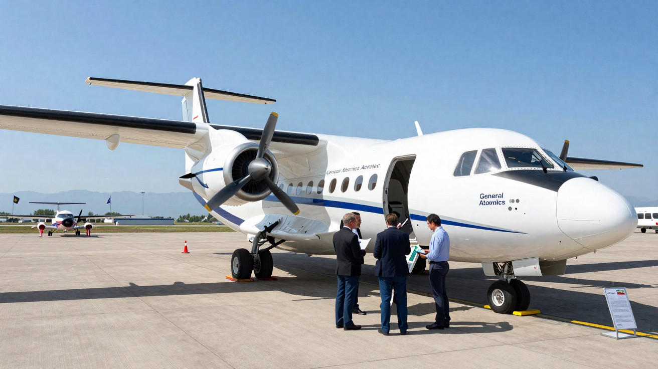 Avião branco turboélice estacionado em pista com três homens conversando ao lado em dia ensolarado.