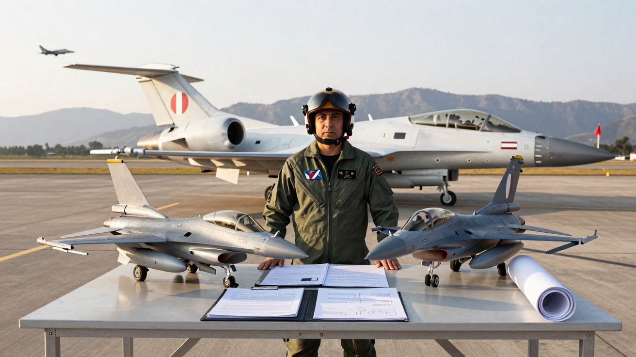Piloto militar em uniforme com mesa, modelos de jatos de combate e aviões ao fundo em pista de aeroporto.