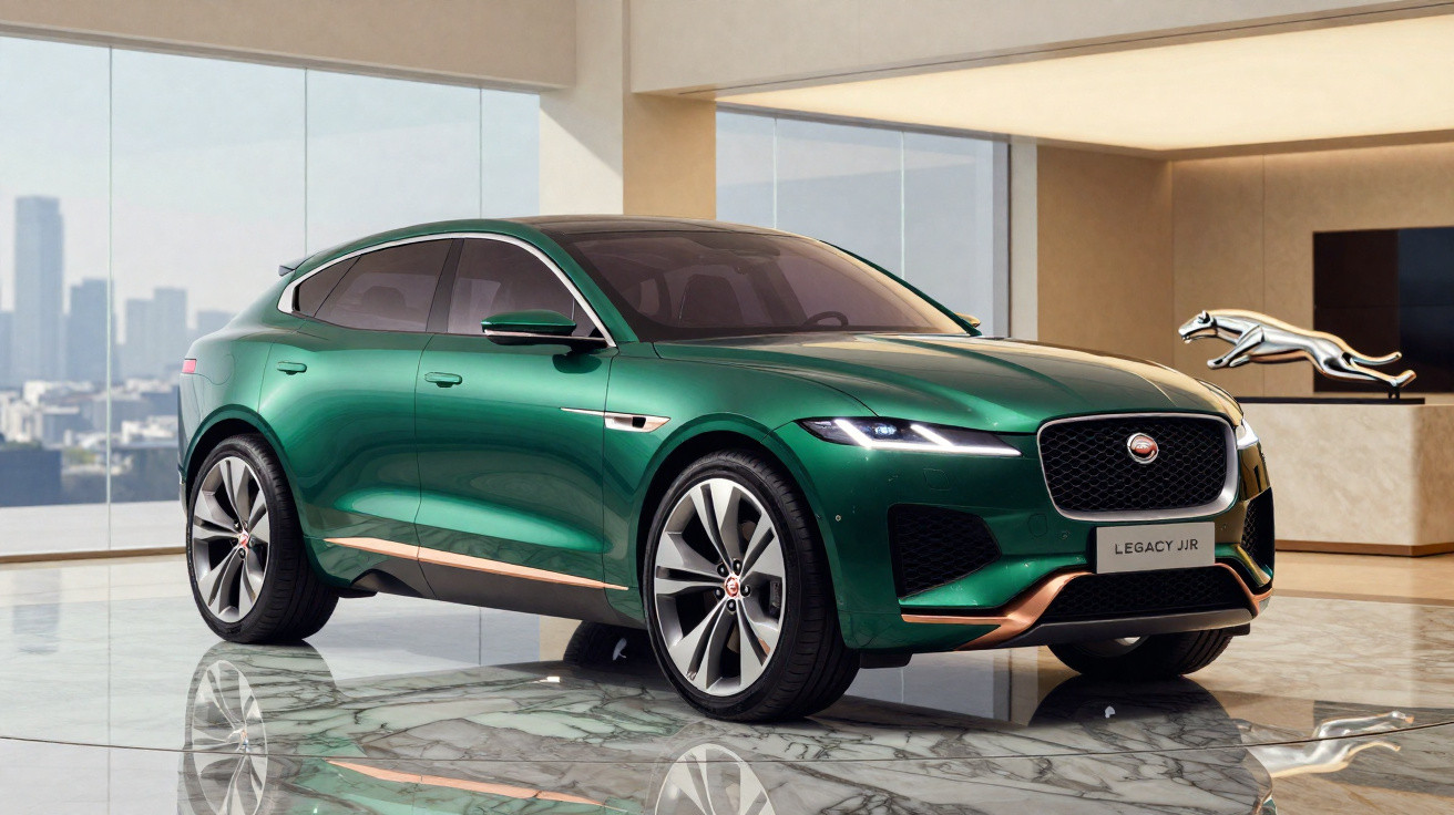 Carro SUV verde metálico Jaguar Legacy J72 estacionado em sala moderna com piso de mármore.