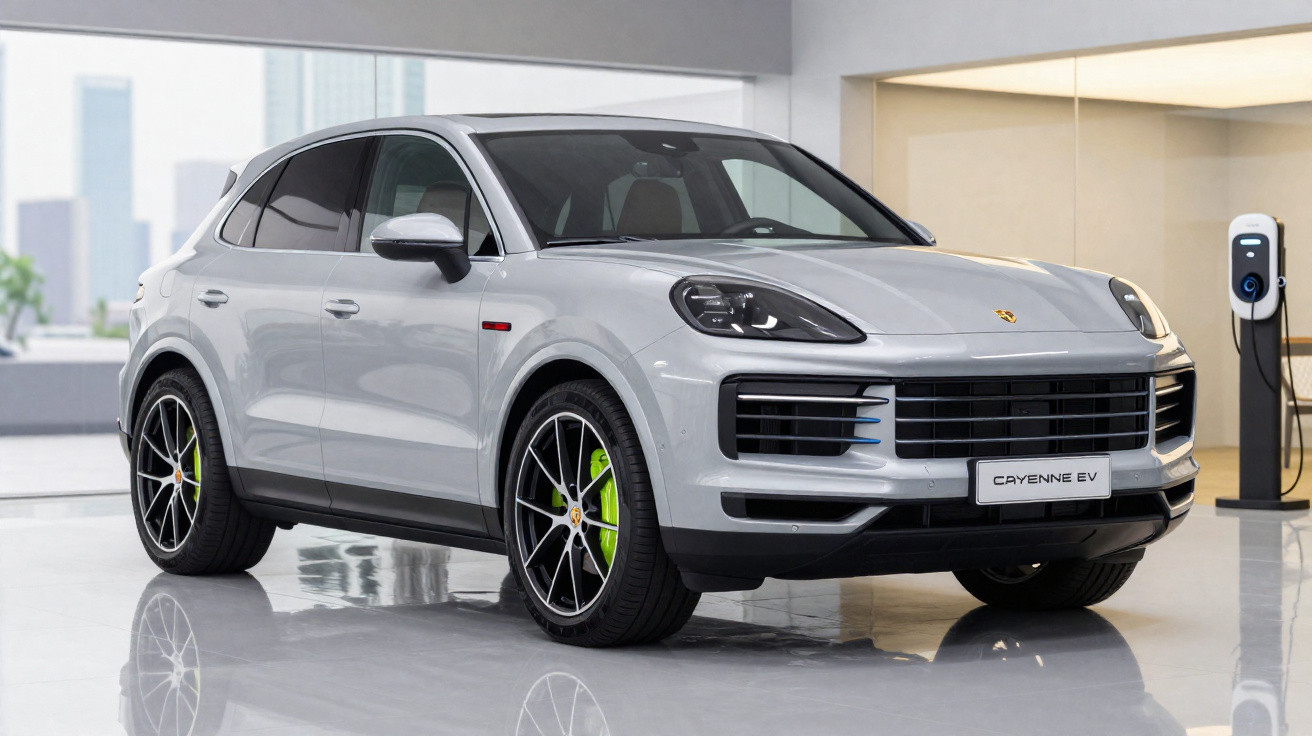 Carro SUV elétrico Porsche Cayenne EV prata em ambiente moderno com estação de recarga ao fundo.