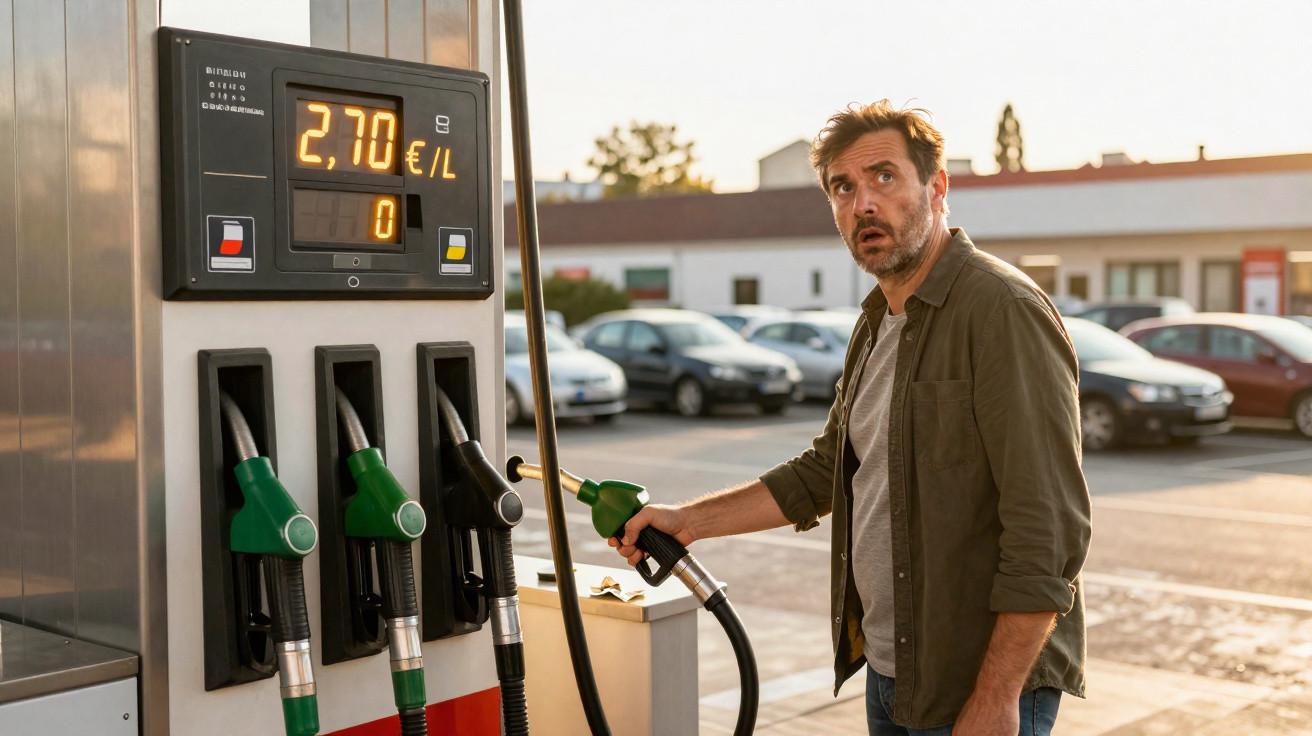 Homem surpreso abastecendo carro em posto de gasolina com valor de 2,70 euros por litro.