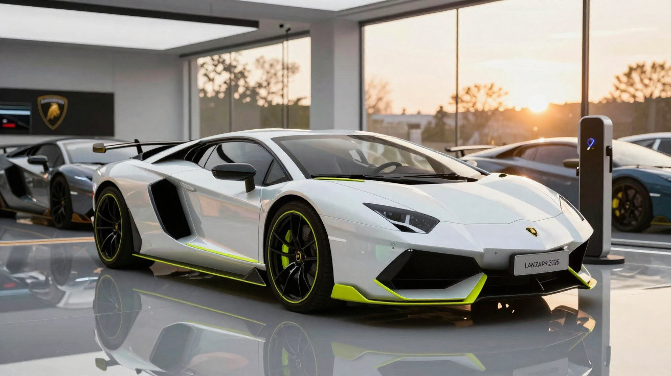 Carro esportivo Lamborghini branco com detalhes amarelo neon em exposição interna com luz natural ao fundo.