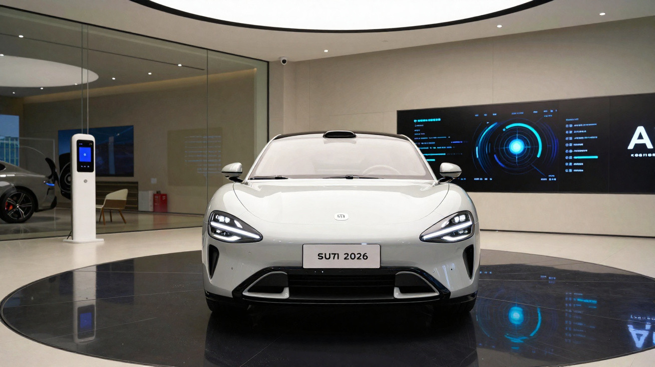 Carro elétrico branco SU7I 2026 em exposição moderna com painel digital ao fundo.