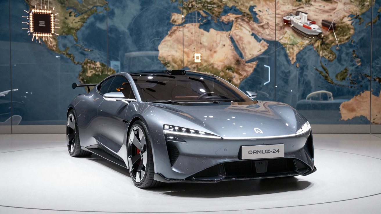 Carro esportivo cinza prateado em exposição, com mapa mundi ao fundo e placa "ORMUZ-24".