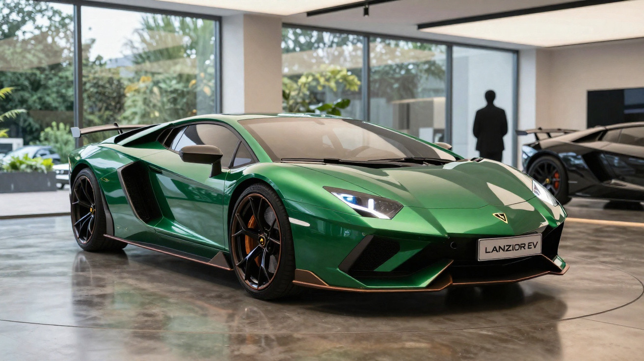 Carro esportivo verde Lamborghini Lanzior EV exposto em showroom moderno com piso e paredes claras.