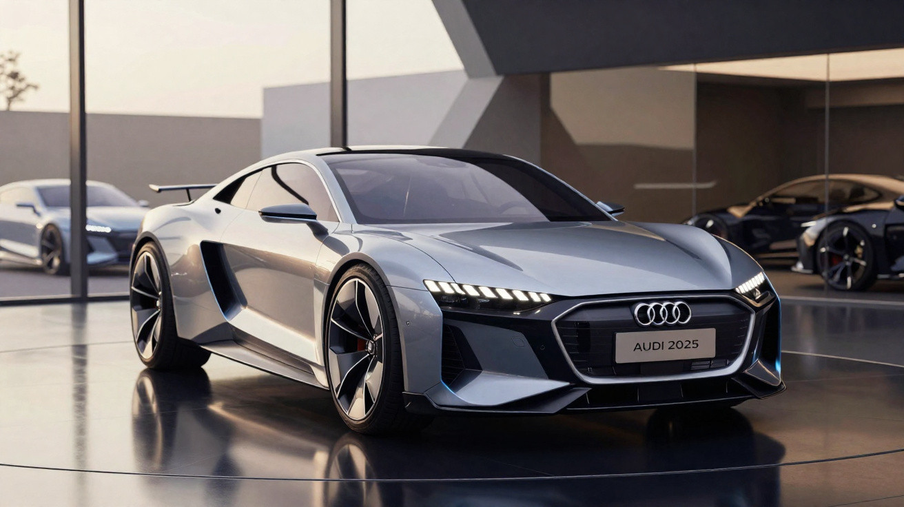 Carro esportivo Audi prata modelo 2025 estacionado em garagem moderna com piso refletivo.