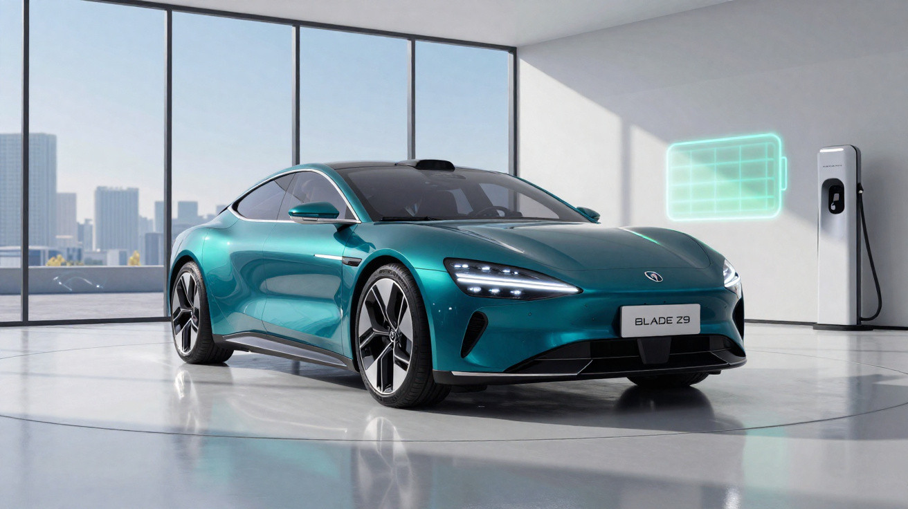 Carro elétrico esportivo azul estacionado em ambiente interno com estação de recarga e painel digital ao fundo.