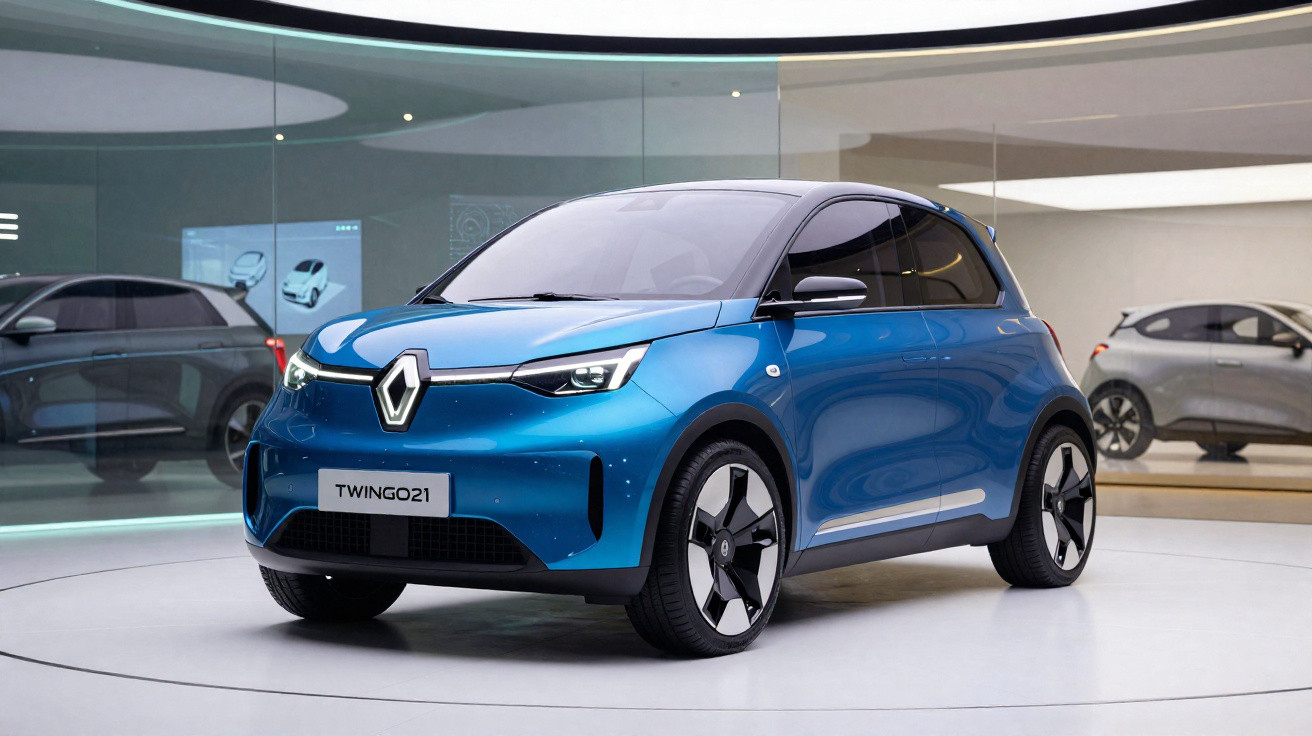 Carro elétrico Renault Twingo E-Tech azul exposto em salão com carros ao fundo.
