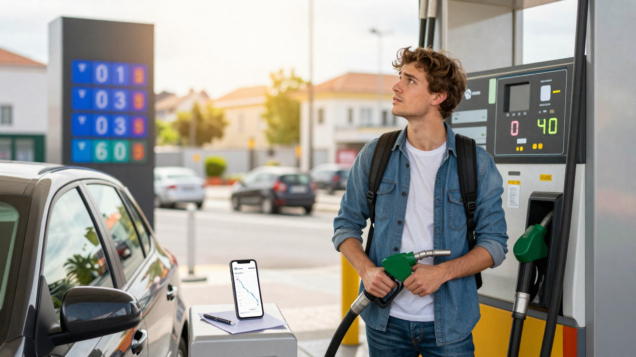 Homem jovem em posto de gasolina abastecendo carro enquanto olha para o painel de preços ao fundo.