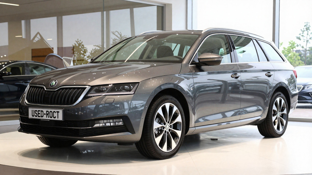 Carro cinza escuro Škoda Station Wagon exibido em showroom com piso branco e paredes de vidro.