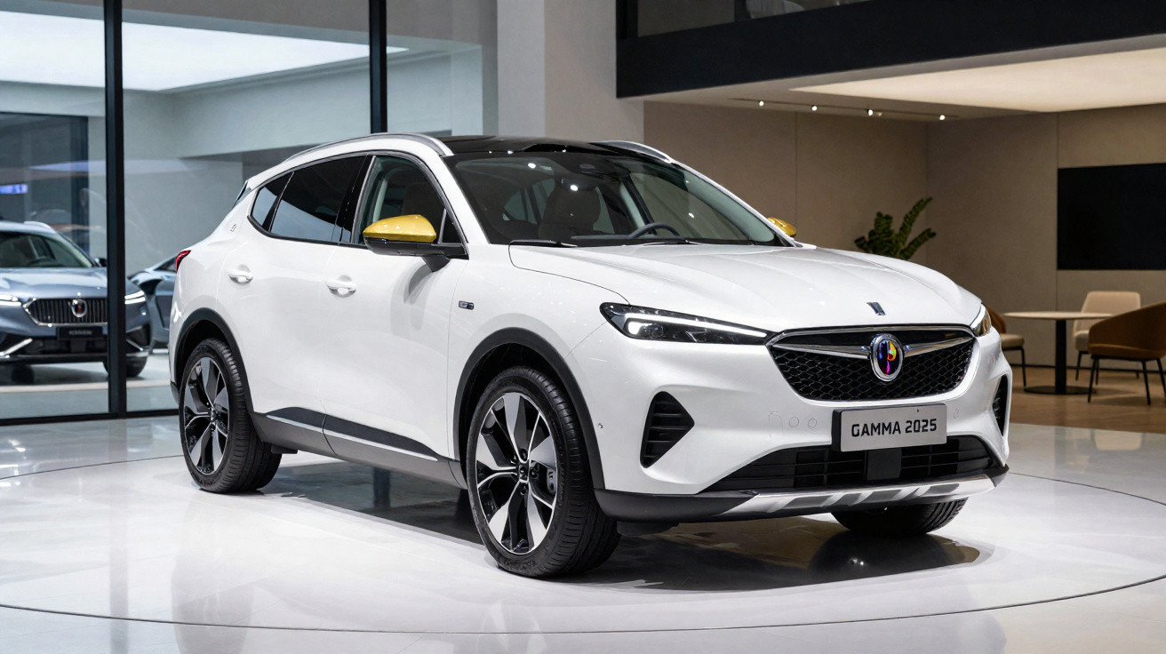 Carro SUV branco com retrovisores amarelos exibido em salão de automóveis moderno e iluminado.