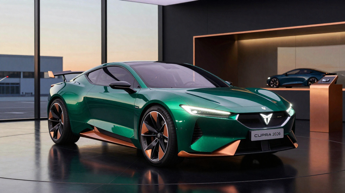 Carro esportivo elétrico verde com detalhes em cobre em ambiente moderno e iluminação suave.
