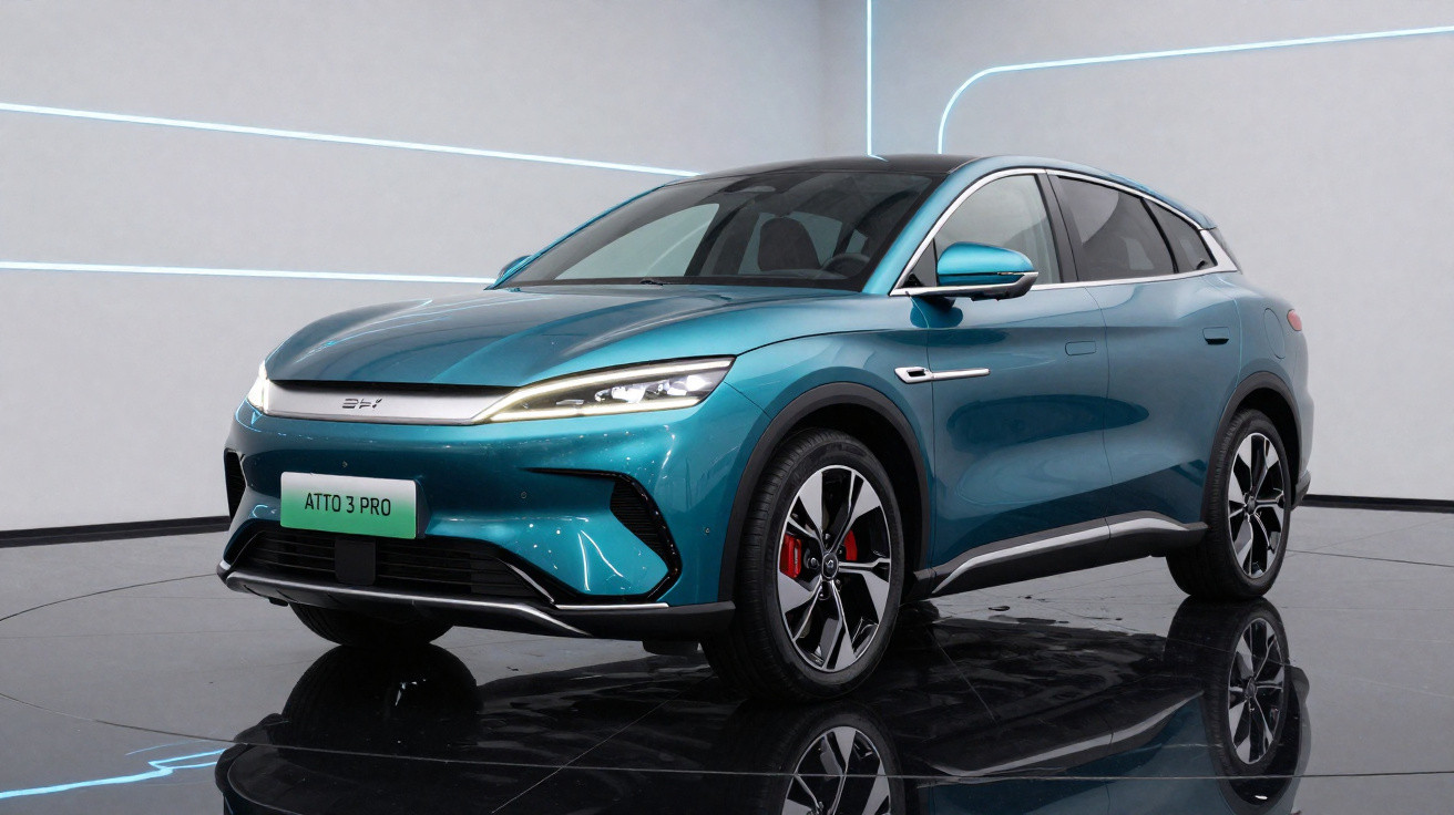 SUV elétrico BYD Atto 3 Pro azul exibido em cenário interno moderno com iluminação branca.