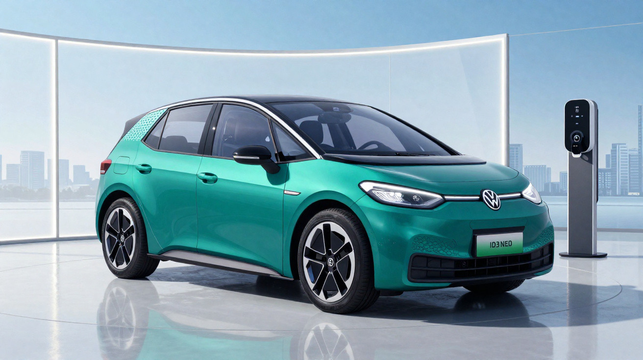 Carro elétrico Volkswagen ID.3 Neo verde estacionado em área urbana com estação de recarga.