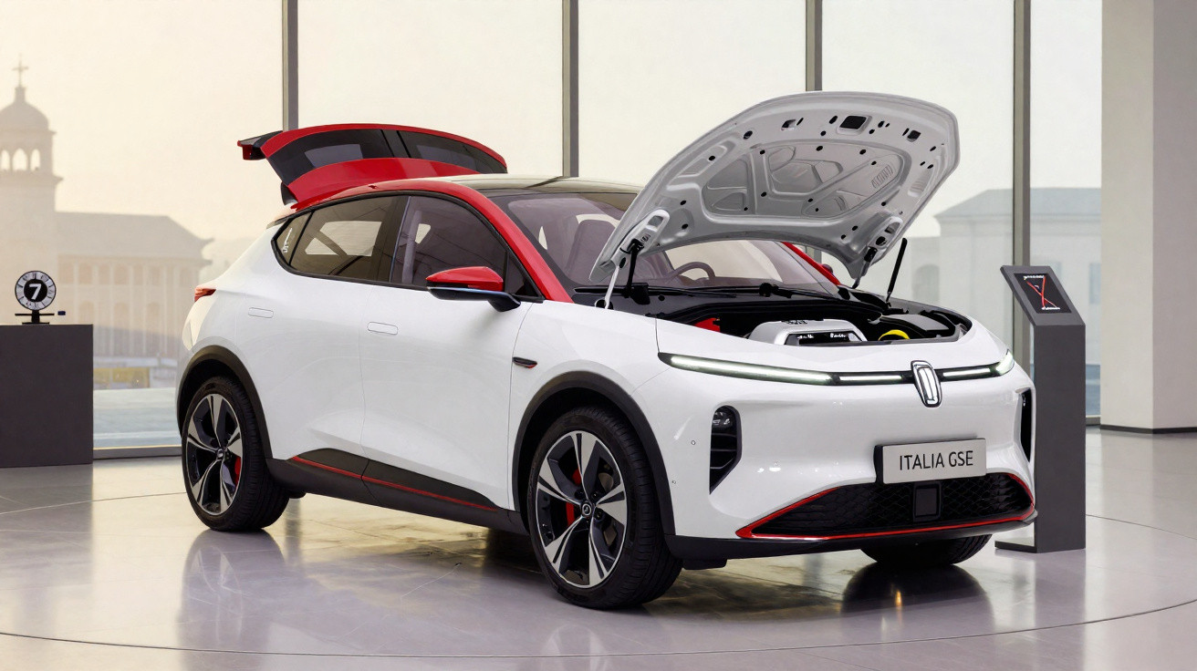 Carro elétrico branco Italia GSE com capô e porta-malas traseiro abertos em showroom moderno.