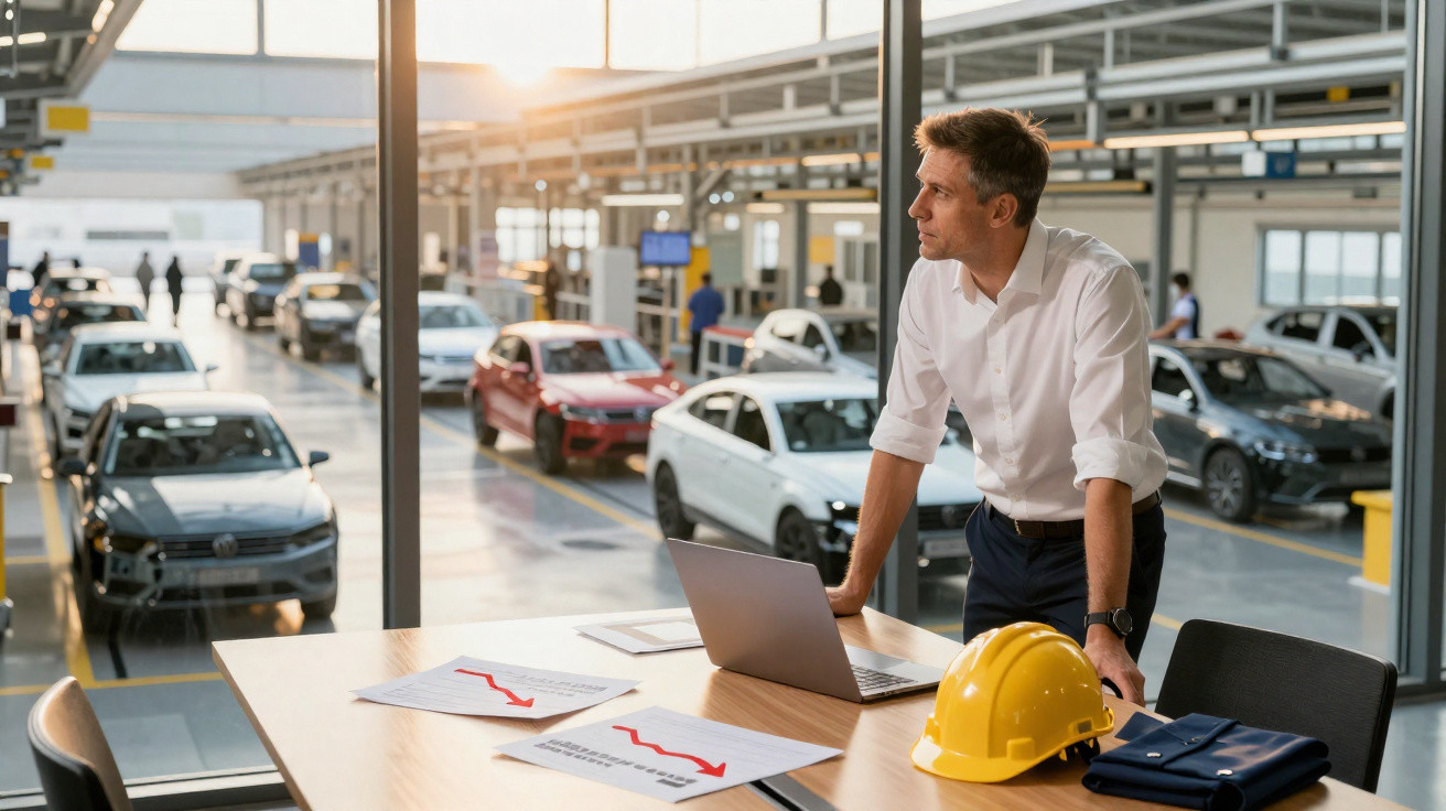 Homem de camisa branca observa linha de produção de carros em fábrica, com laptop e capacete na mesa.