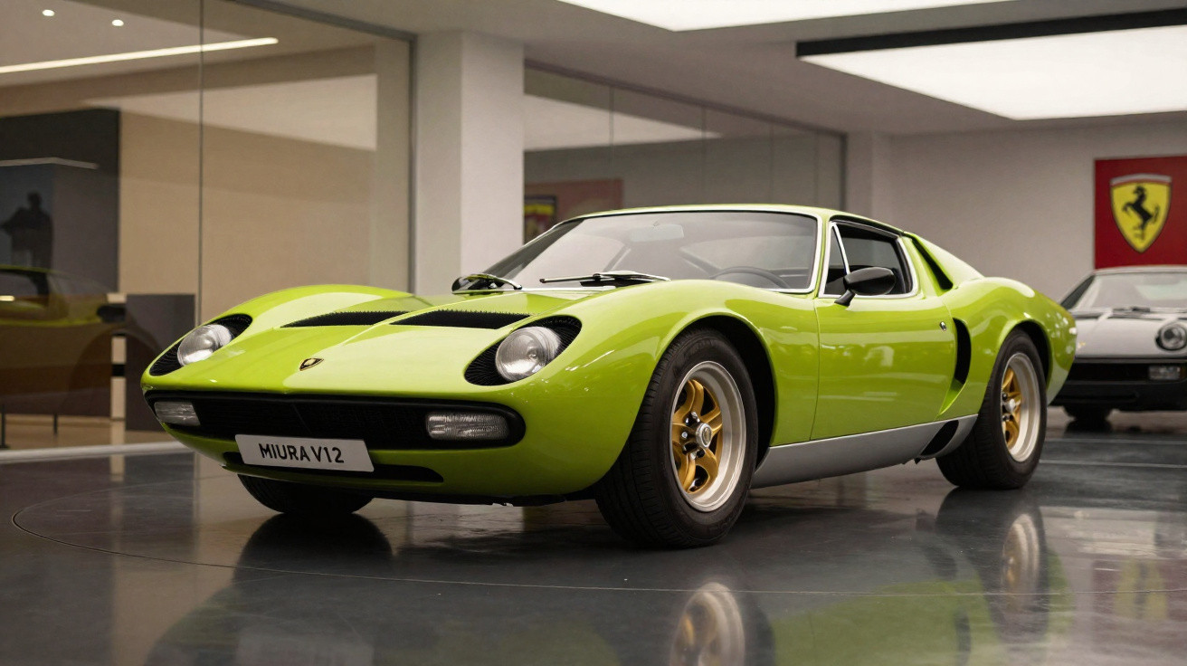 Carro esportivo clássico Lamborghini Miura V12 verde em exposição interna com logo Ferrari ao fundo.