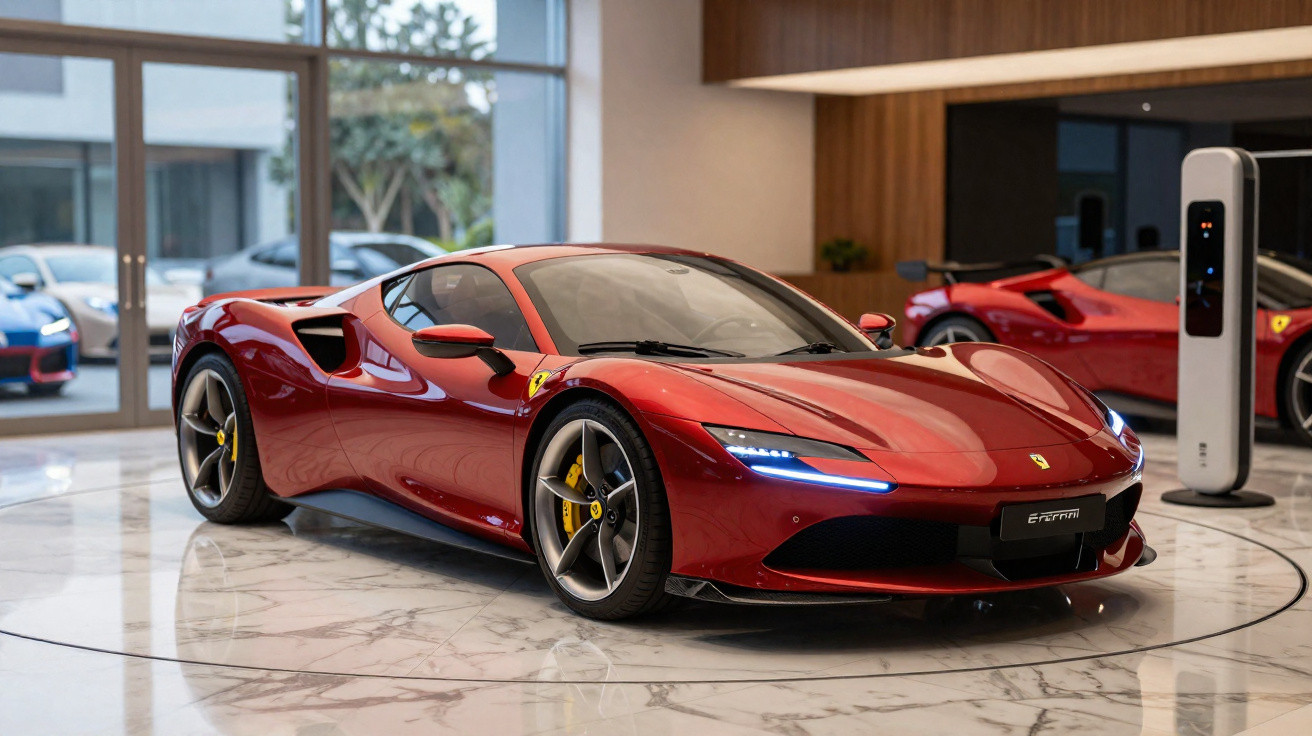 Carro esportivo vermelho Ferrari Elettrica em showroom moderno com chão de mármore.