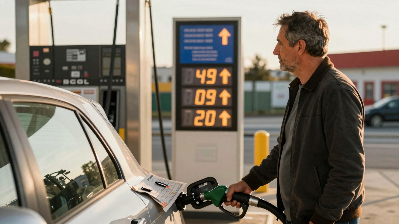Homem abastece carro em posto de gasolina com preços da gasolina ao fundo.