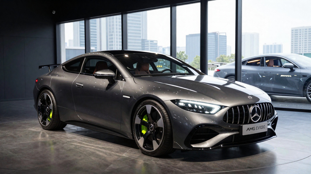 Carro esportivo Mercedes-Benz AMG EV1000 cinza em exposição interna com luz natural e outro carro ao fundo.