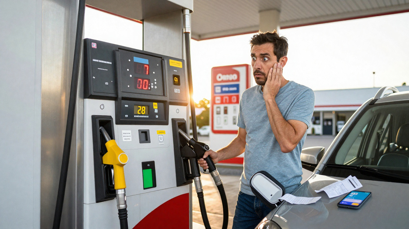 Homem surpreso ao abastecer carro em posto de gasolina com recibo e celular sobre o capô.
