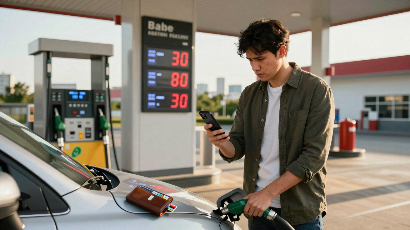 Homem abastecendo carro e olhando para celular em posto de gasolina durante o dia.
