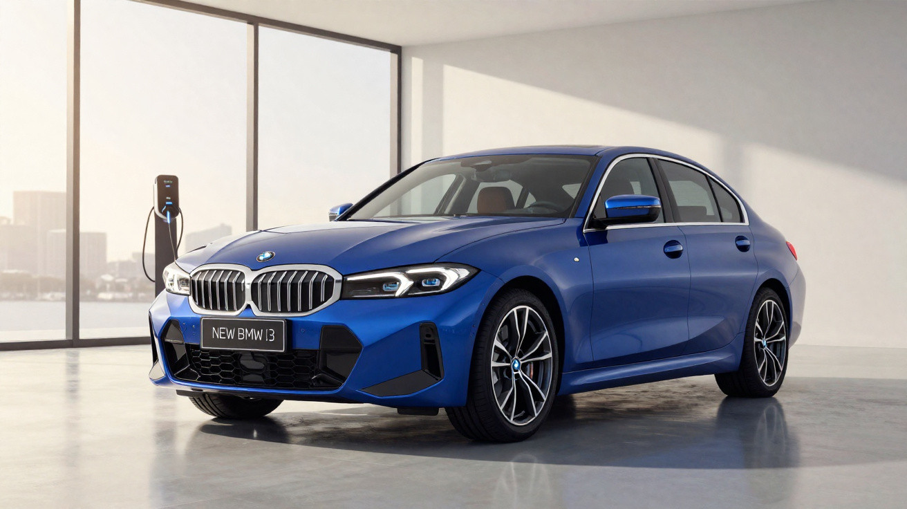 Carro elétrico BMW i3 azul estacionado em garagem com carregador conectado à parede.