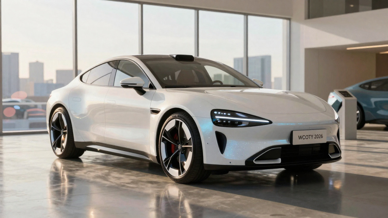 Carro esportivo elétrico branco estacionado em ambiente interno com janelas grandes e iluminação natural.