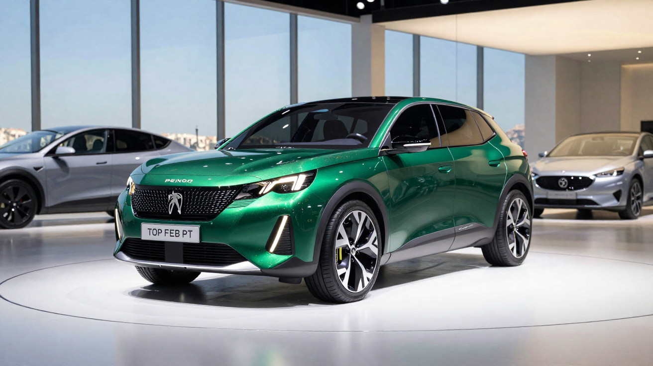 Carro elétrico verde Peugeot e-2008 em exposição com outros veículos em salão moderno e bem iluminado.