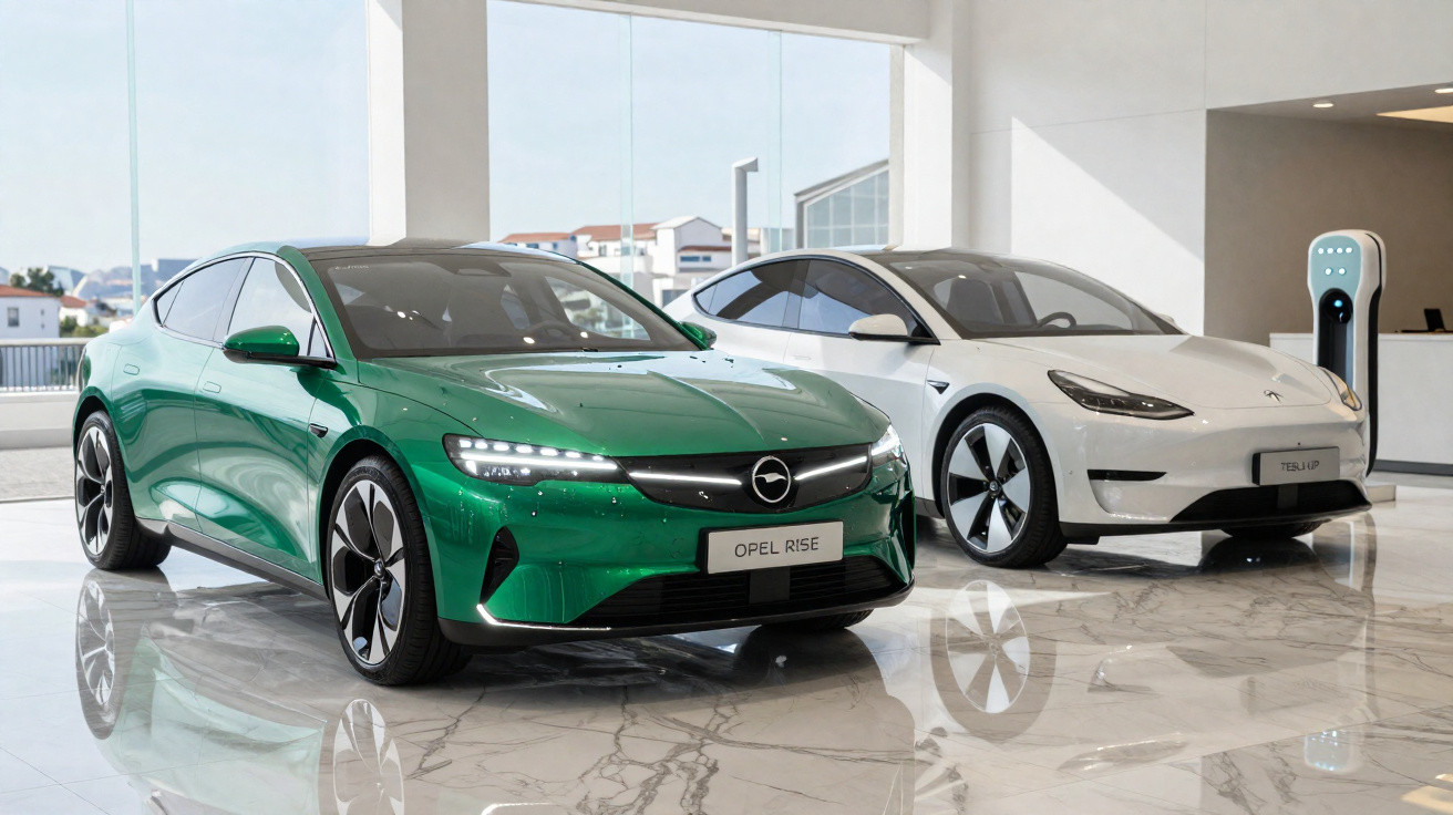 Dois carros elétricos modernos, Opel verde à frente e Tesla branco ao fundo, em showroom com piso de mármore.