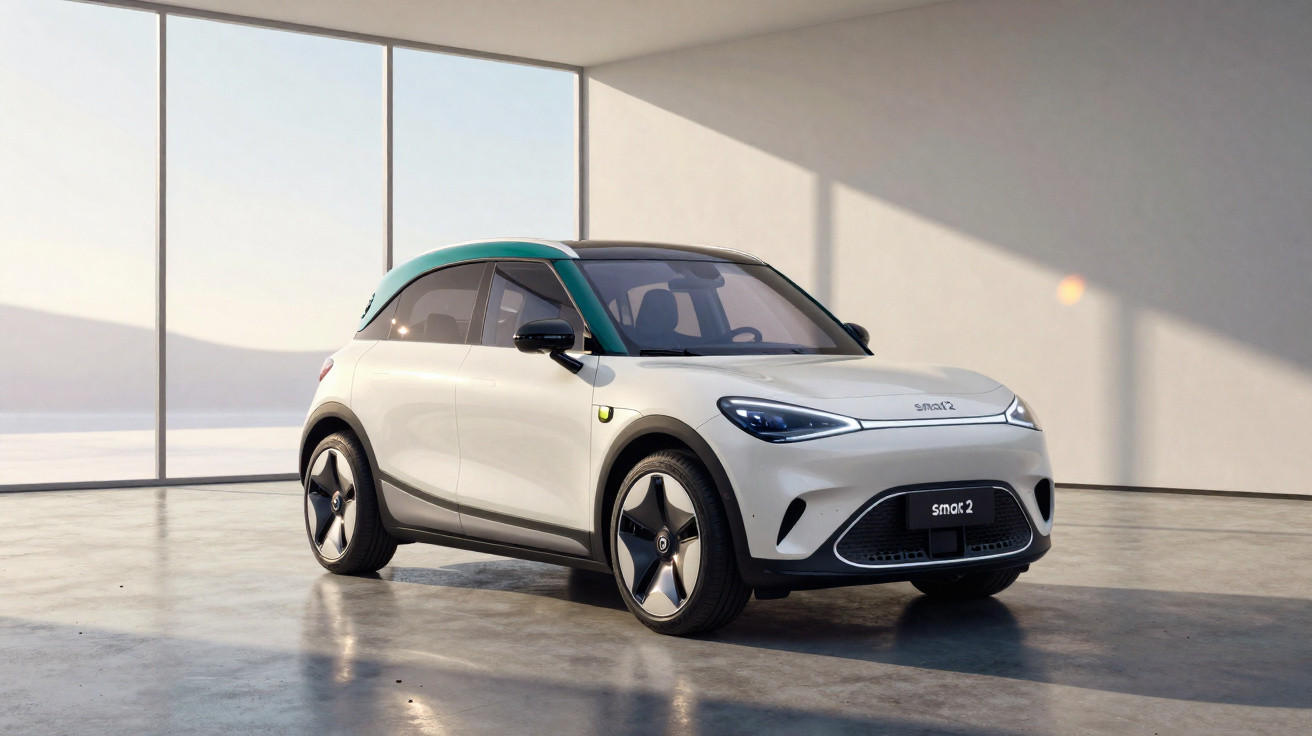 Carro elétrico compacto branco com teto verde em ambiente interno iluminado por luz natural.