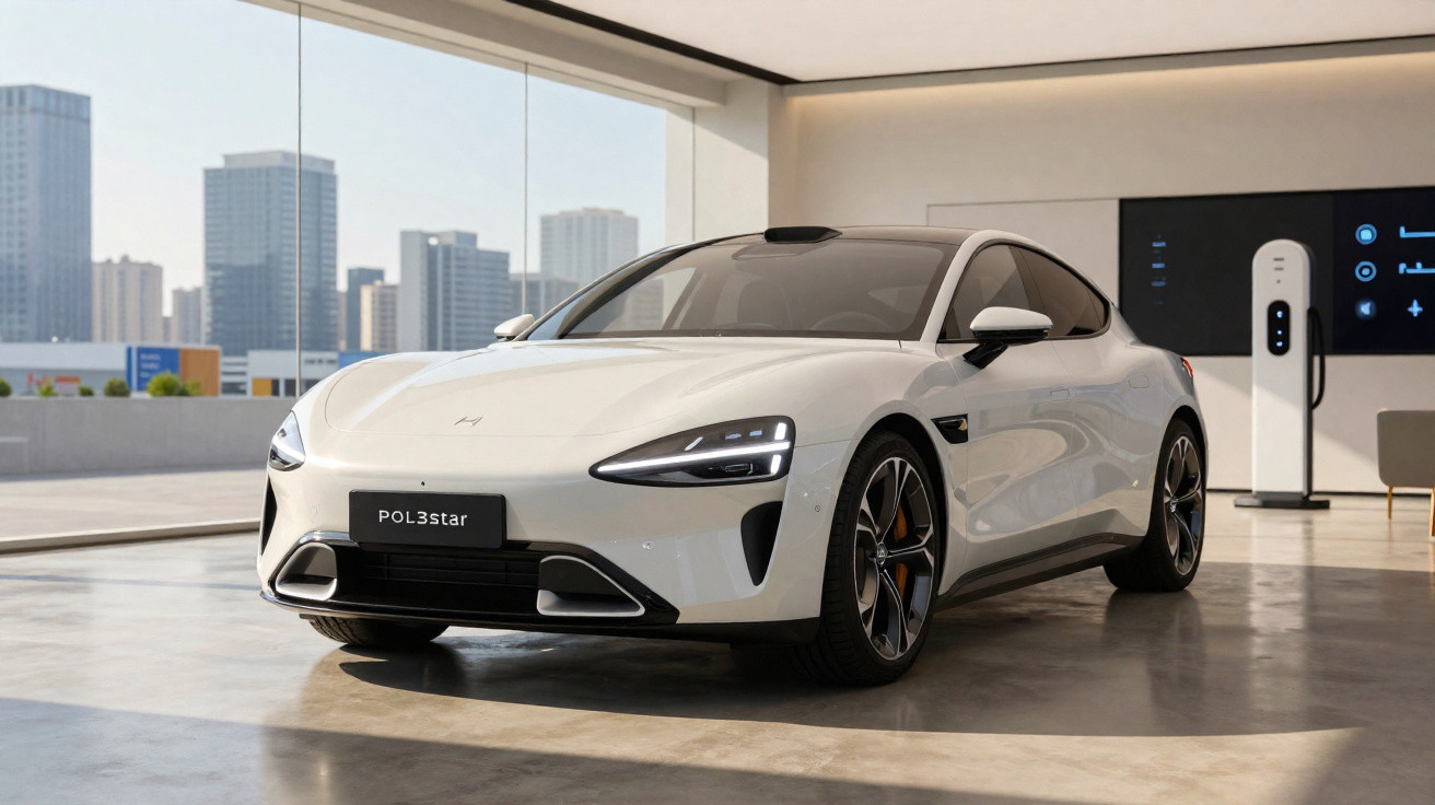 Carro elétrico branco POL3star estacionado em showroom moderno com fundo urbano ao ar livre.