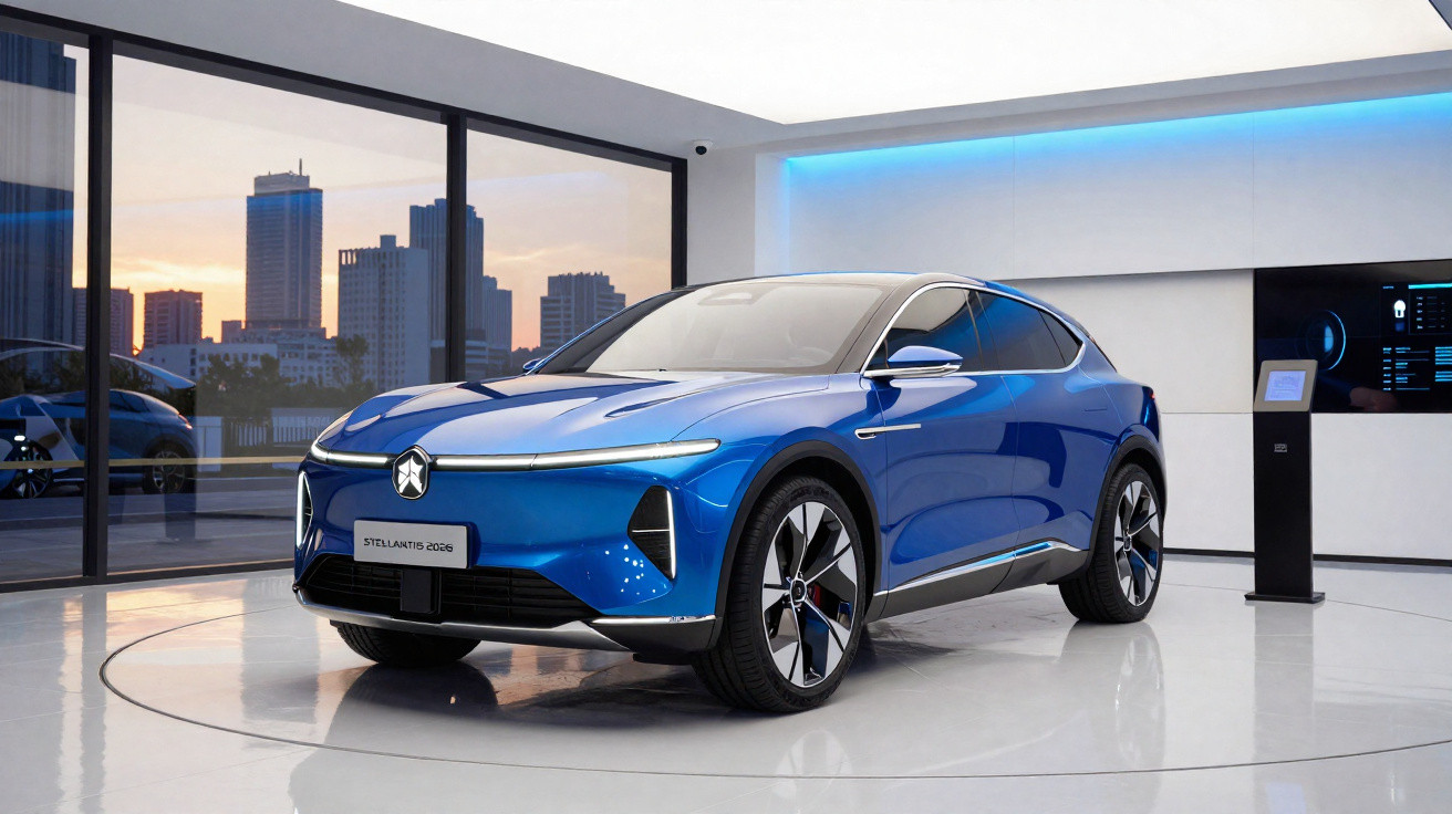 Carro elétrico azul futurista em exposição em ambiente moderno com vista para prédios ao fundo.