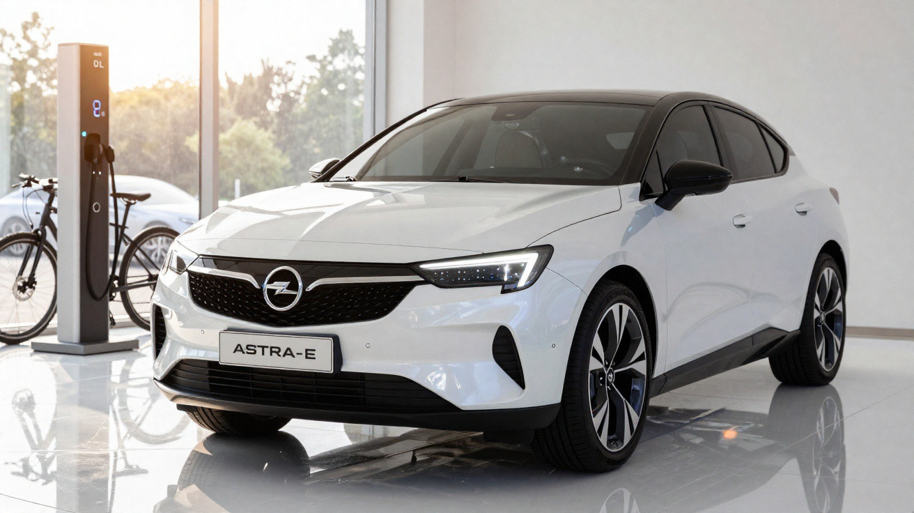 Carro elétrico branco Opel Astra-E estacionado próximo a estação de recarga em ambiente interno.