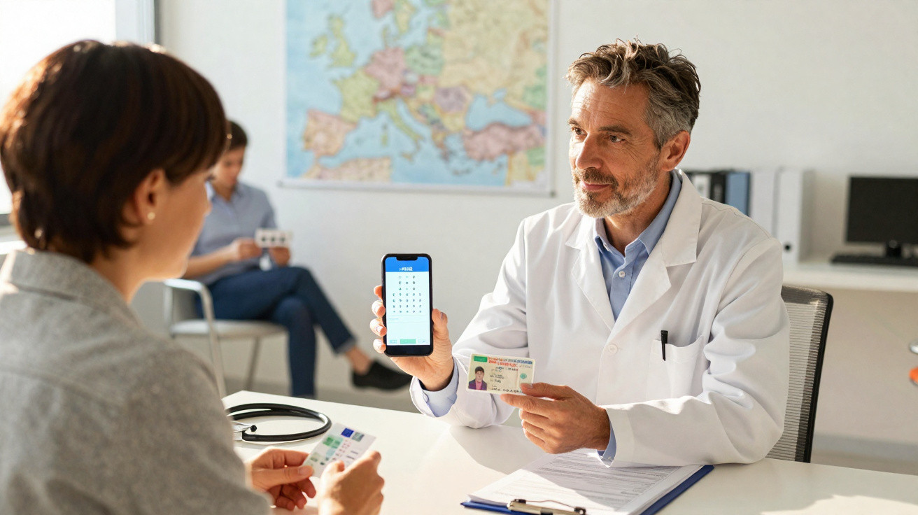 Médico mostra cartão de saúde e consulta agenda em celular durante atendimento a paciente.