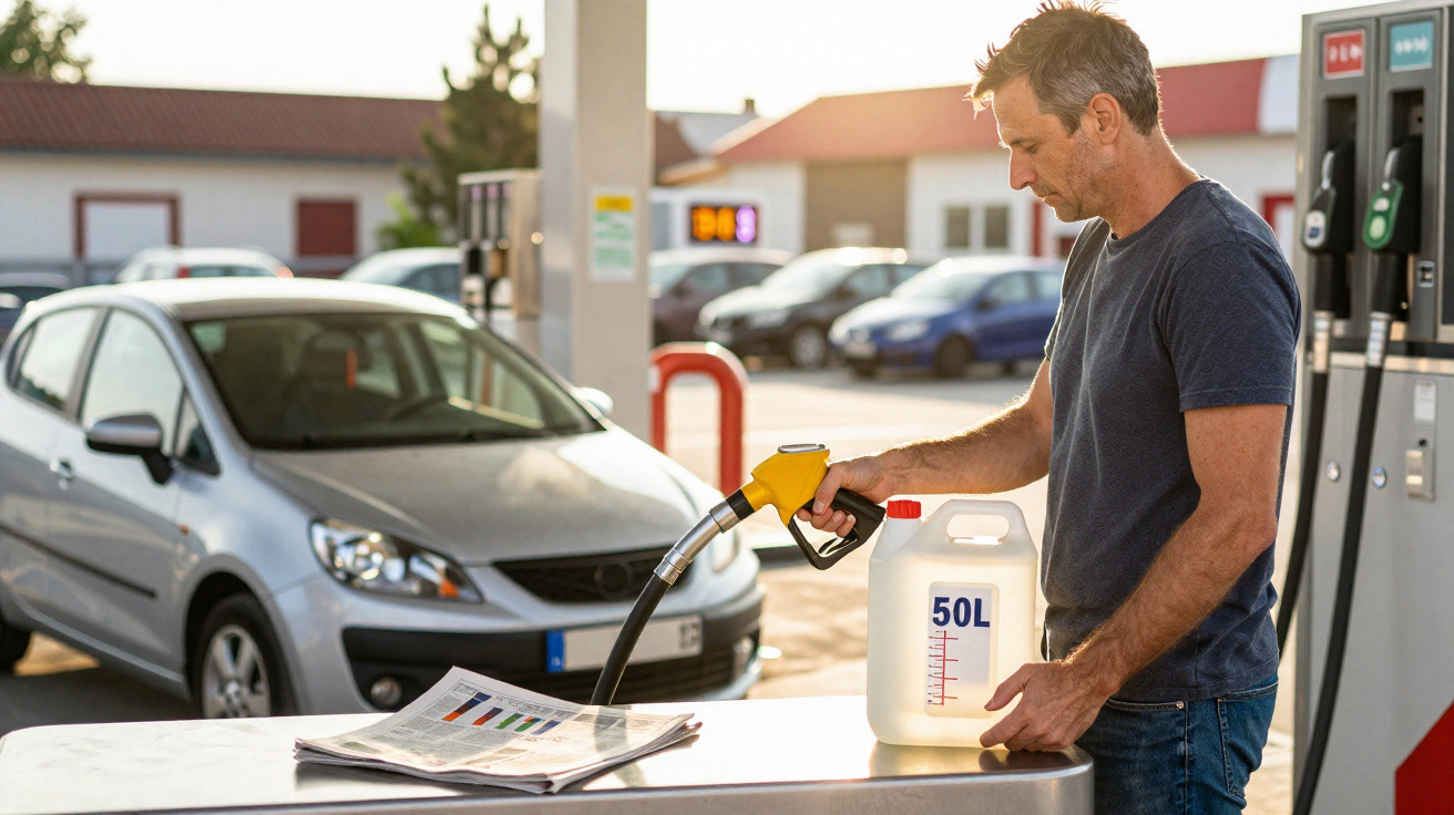 Homem abastecendo galão de 50 litros em posto de gasolina com carro estacionado ao fundo.