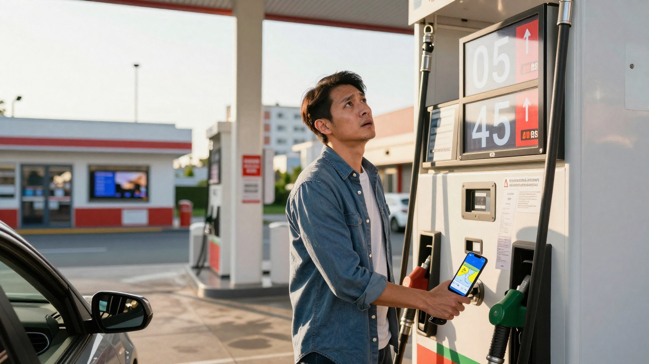 Homem jovem usando celular enquanto abastece carro em posto de gasolina ao ar livre, olhando para painel de preços.