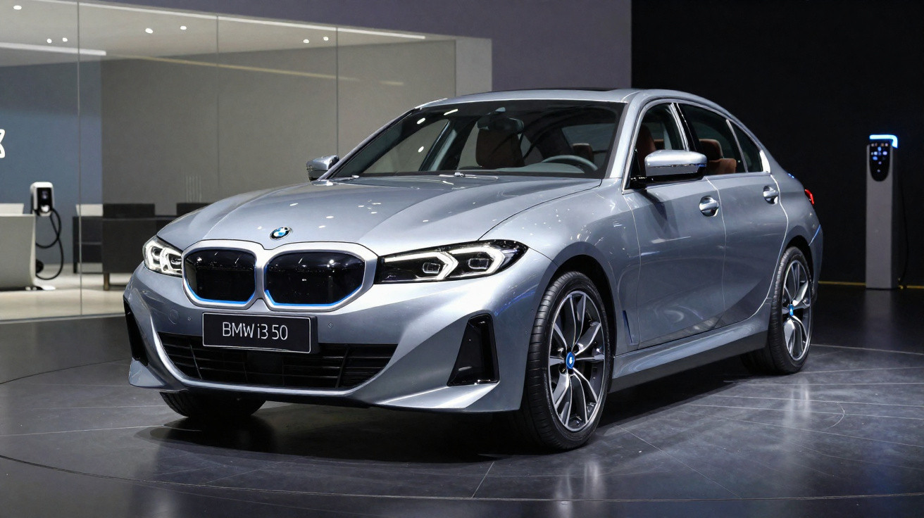 Carro BMW i3 50 prata exposto em salão moderno com piso escuro e parede com vidro ao fundo.