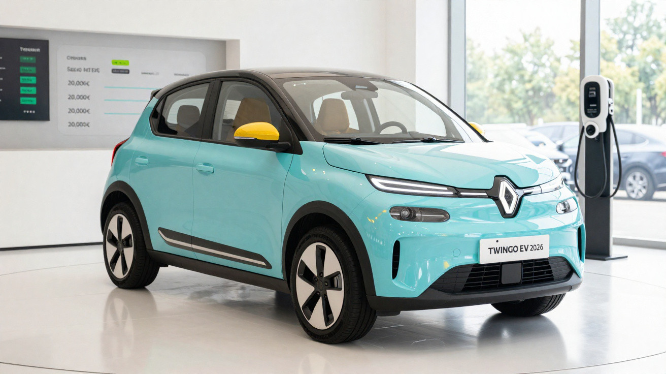 Carro elétrico Renault Twingo EV 2026 azul em exposição, com detalhes em amarelo e carregador ao fundo.