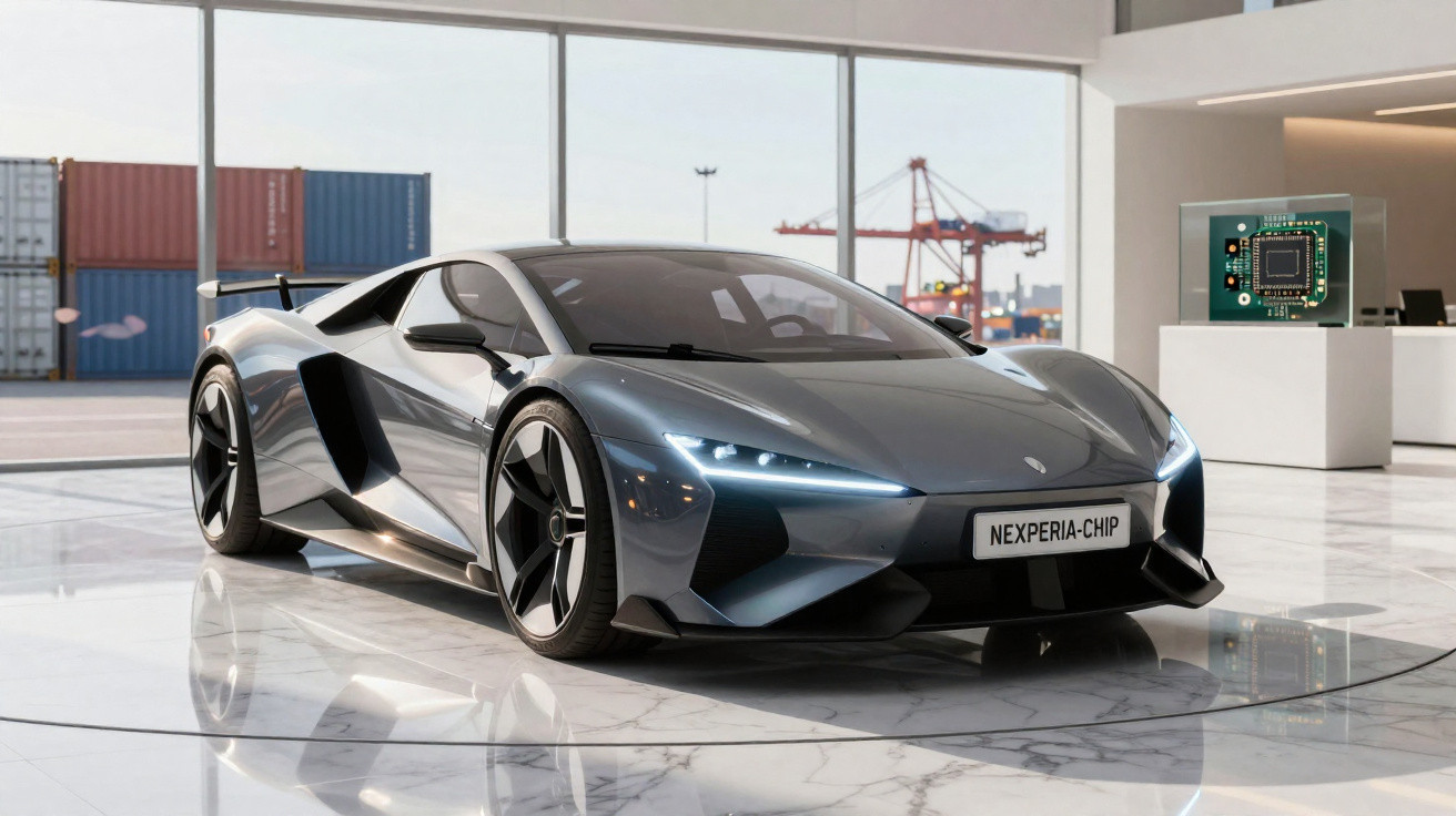 Carro esportivo cinza metálico com design futurista, exposto em showroom com piso de mármore e containers ao fundo.