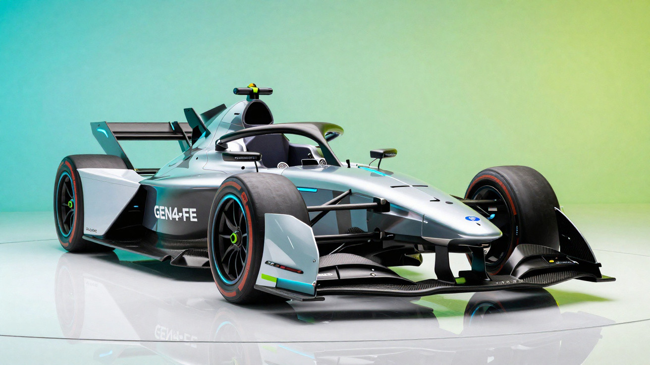 Carro de corrida elétrico, modelo GEN4-FE, com design aerodinâmico e pintura prateada em estúdio.