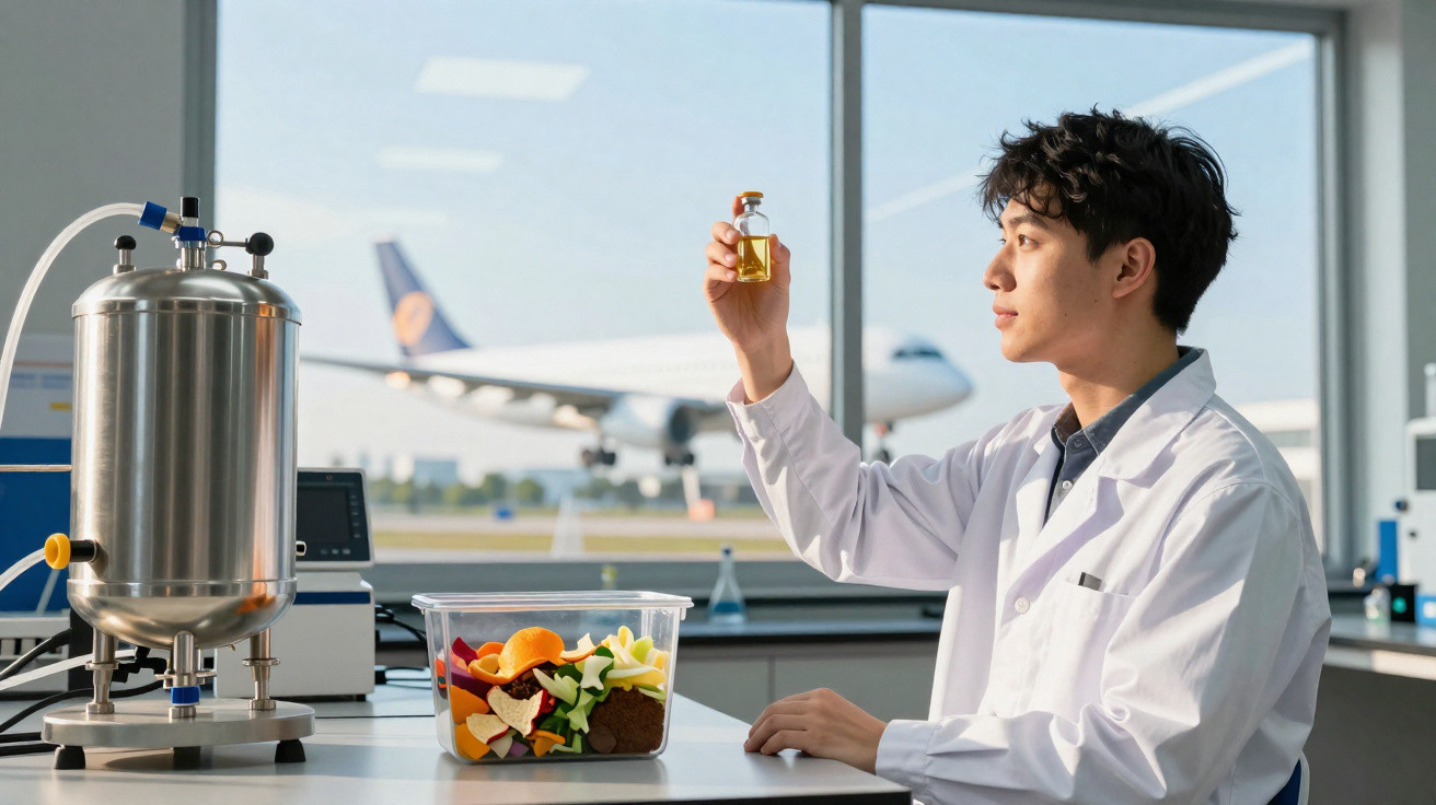 Jovem cientista em jaleco analisa líquido amarelo em laboratório com avião ao fundo.