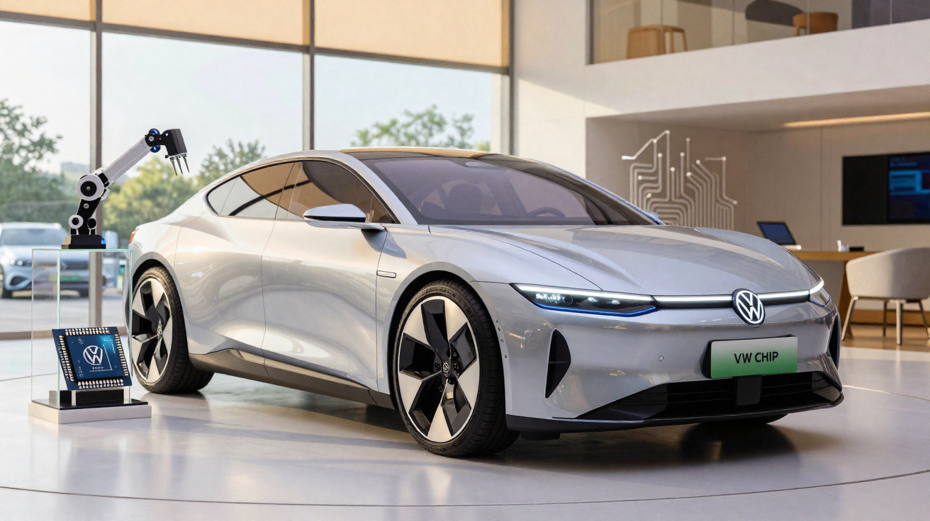 Carro elétrico prata Volkswagen exposto em ambiente interno moderno com robô e chip ao lado.