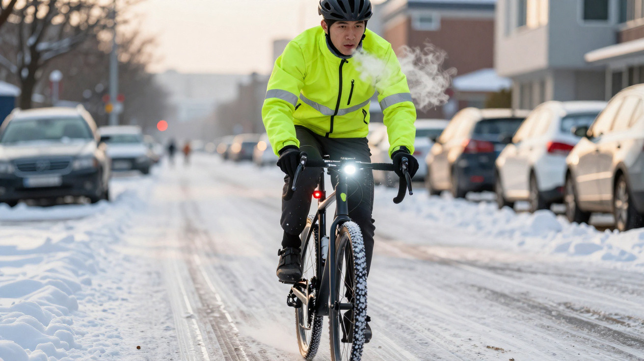 Pessoa usando jaqueta refletiva amarela pedalando bicicleta em rua coberta de neve durante inverno.