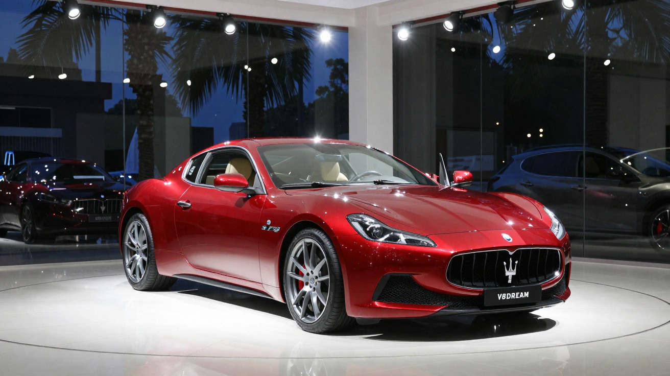 Carro esportivo Maserati vermelho exposto em showroom moderno com iluminação de destaque e vidro refletivo.