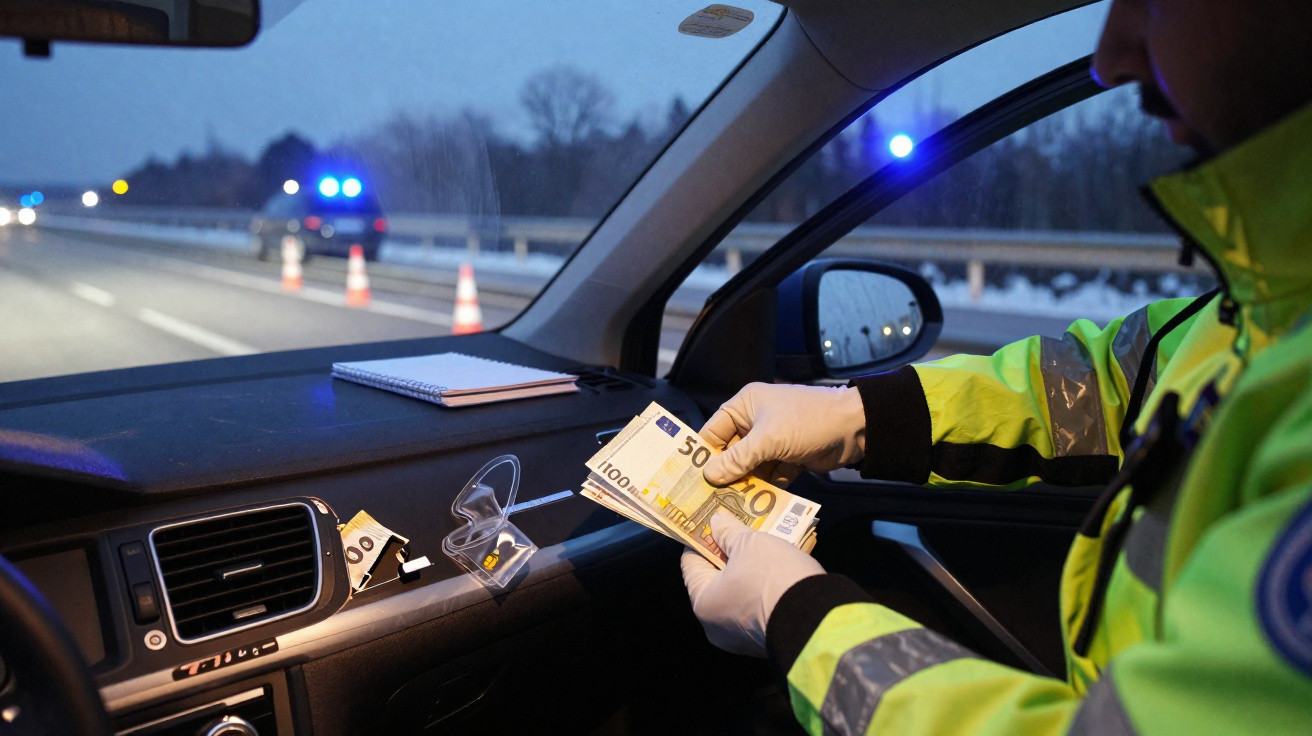 Policial de segurança com luvas conta dinheiro dentro de carro em blitz noturna na estrada.