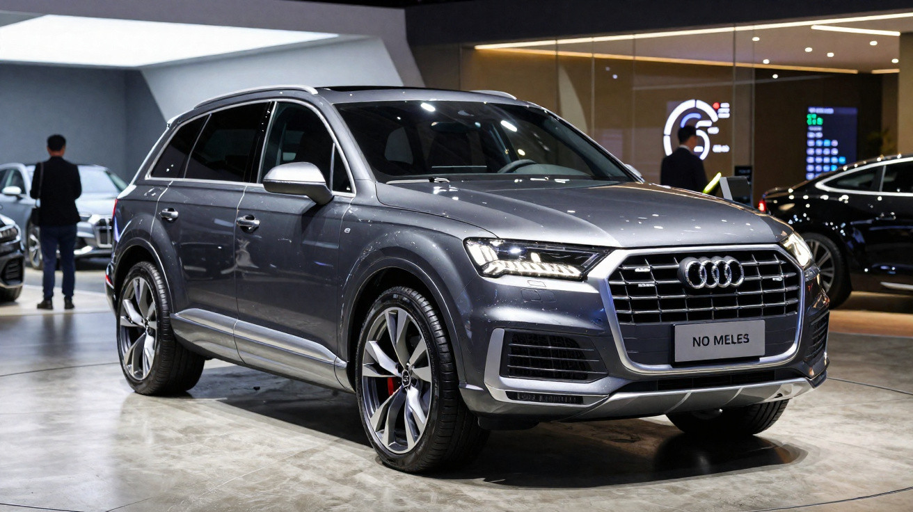 Carro SUV cinza escuro Audi estacionado em salão de exposição automotiva moderno.